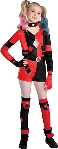 Party City Harley Quinn Halloween Costume for Girls, DC Comics Includes Romper, Choker, Gloves and Leg Warmers