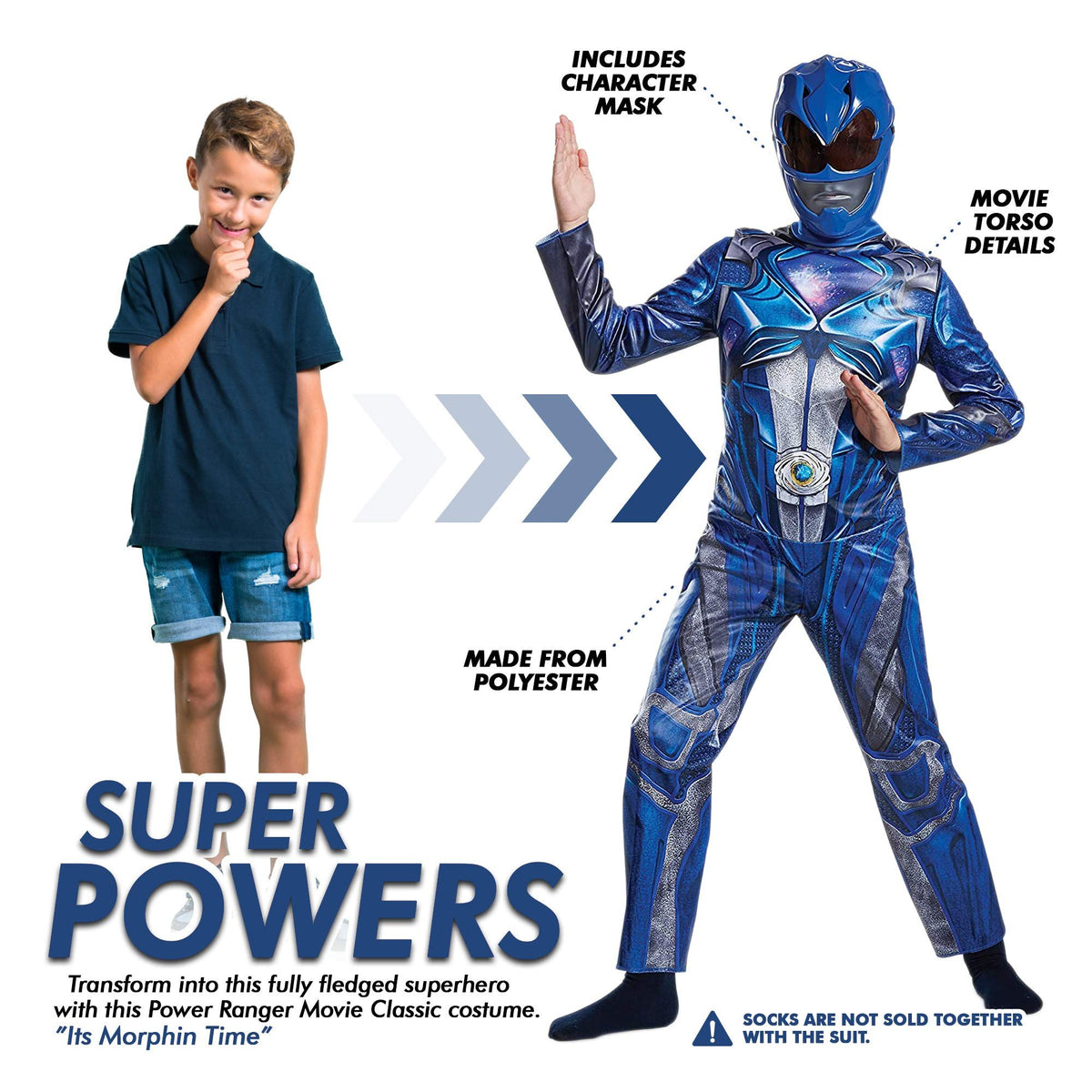 Disguise Blue Power Rangers Costume for Kids. Official Licensed Blue Ranger Classic Movie Power Ranger Suit with Mask for Boys &amp; Girls