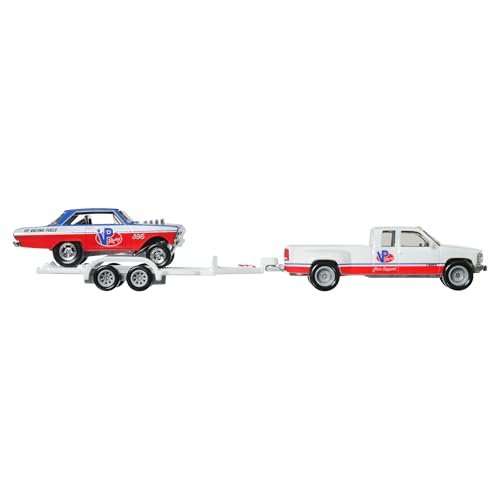 Hot Wheels Team Transport '63 Chevy Nova & '88 Chevy Silverado Die-Cast Vehicle Set, Race Car with Trailer, VP Racing, 1:64 Scale Model