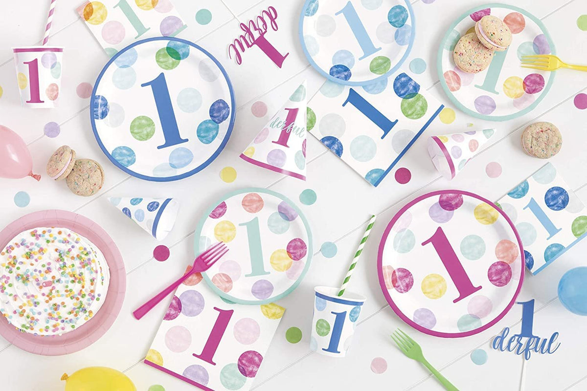 Unique Blue Dots Baby Boy 1st Birthday Party Bundle | Beverage & Luncheon Napkins, Dinner & Dessert Plates | Great for Child's 1st Birthday Celebration, Kid's Party